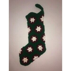 Vintage Crochet Granny Square Christmas Stocking 15" Green Burgundy White